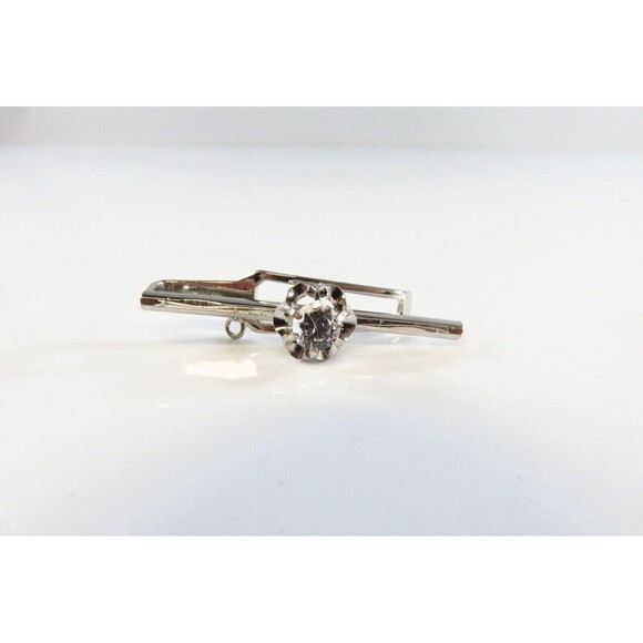 Mid Century 1 3/8" Long Faceted Quartz Accent Silver Tie Bar - Picture 1 of 5